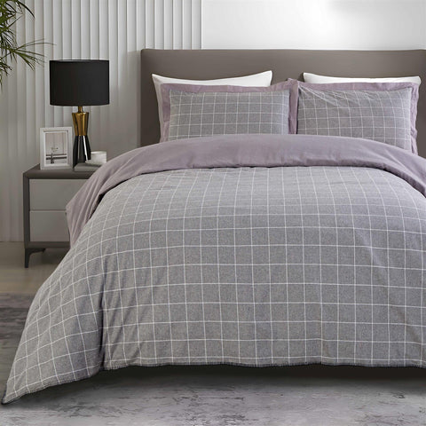 Melange Grey Check 100% Brushed Cotton Flannel Duvet Cover Set