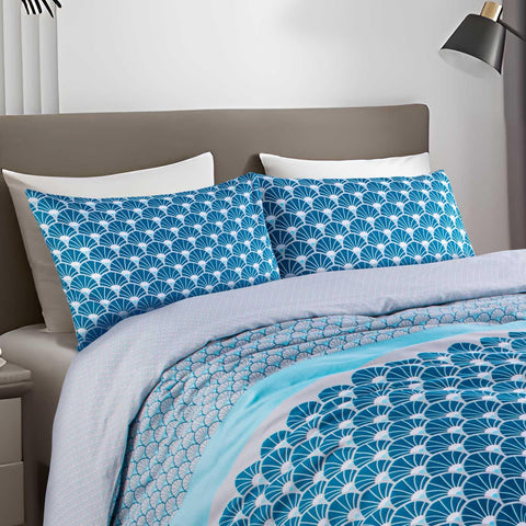 Azure Scallop Seashell Scales Polycotton Reversible Duvet Cover Bedding Set - Blue